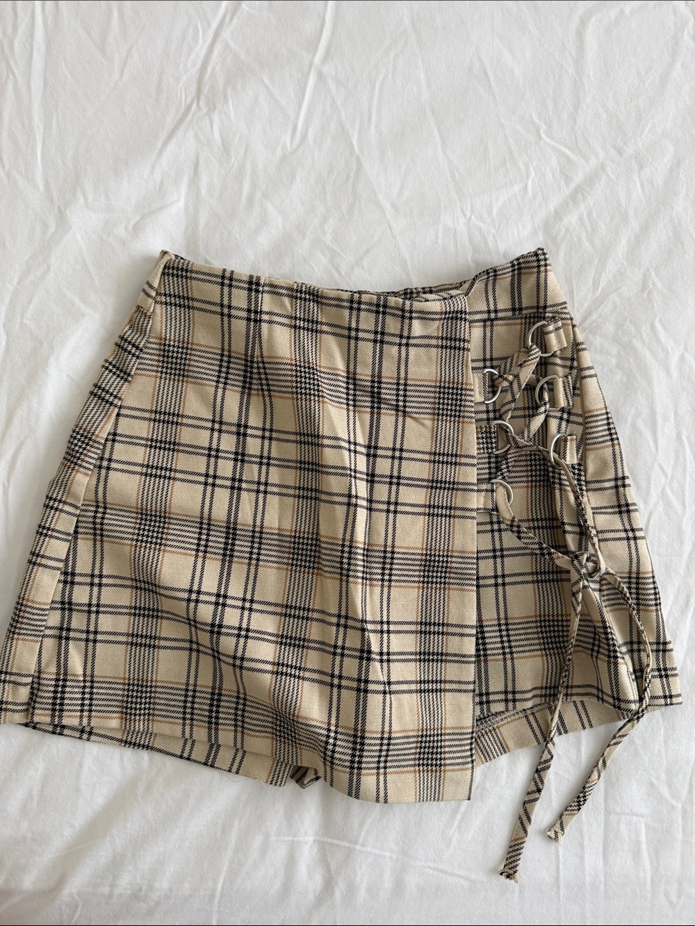Plaid Lace-Up Mini Skort in Beige